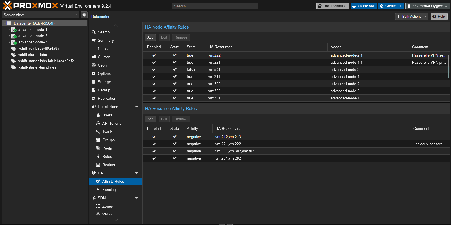 Règles d'affinité entre ressources HA et entre ressources et nœuds dans Proxmox VE 9.2