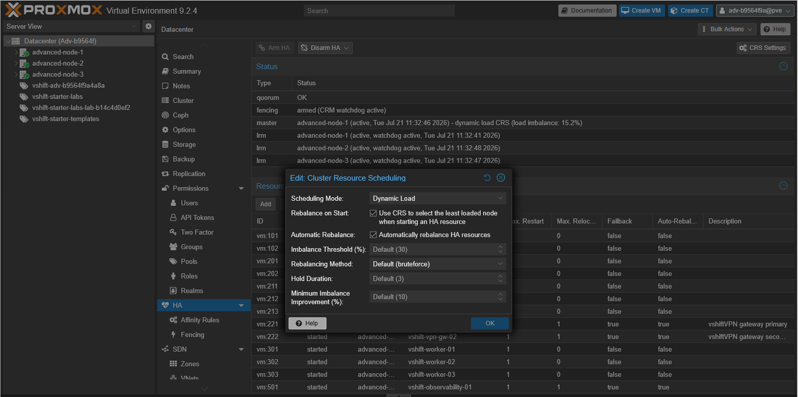 Fenêtre de configuration du Cluster Resource Scheduling de Proxmox VE 9.2 en mode Dynamic Load avec rééquilibrage automatique activé